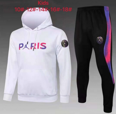 Kids 2021-22 PSG x Jordan White Hoodie Sweater and Pants Youth Training Suits