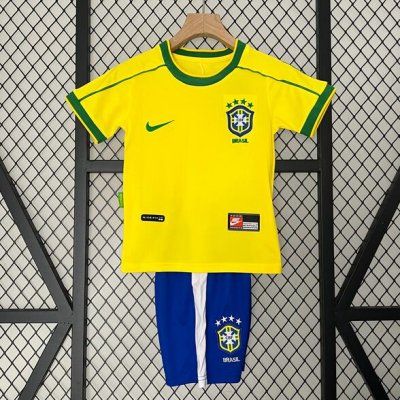 1998 Brazil Retro Kids Home Soccer Kit Shirt With Shorts