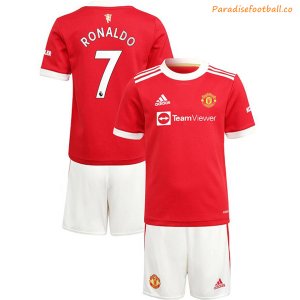 2021-22 Manchester United Kids Home Soccer Youth Kits Shirt With Shorts Ronaldo #7