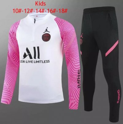 Kids 2021-22 PSG x Jordan White Pink Sweatshirt and Pants Youth Training Suits