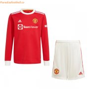 2021-22 Manchester United Kids Long Sleeve Home Soccer Youth Kits Shirt With Shorts