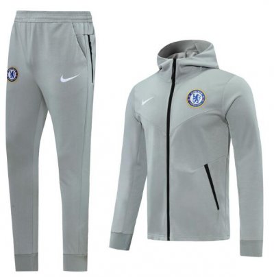 2020-21 Chelsea Light Grey Hoodie Jacket Kits with Trousers
