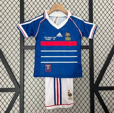 1998 France Retro Kids Home Soccer Kit Shirt With Shorts