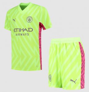 2023-24 Manchester City Kids Green Pink Goalkeeper Soccer Kits Shirt With Shorts