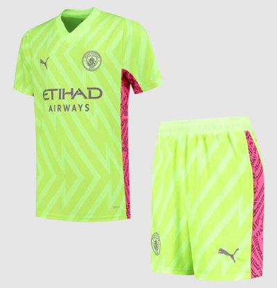 2023-24 Manchester City Kids Green Pink Goalkeeper Soccer Kits Shirt With Shorts