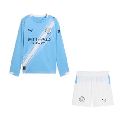 2025-26 Manchester City Home Kids Long Sleeve Soccer Kits Shirt With Shorts