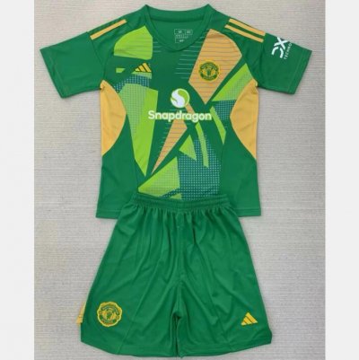 2024-25 Manchester United Kids Green Goalkeeper Soccer Children Kits Shirt With Shorts