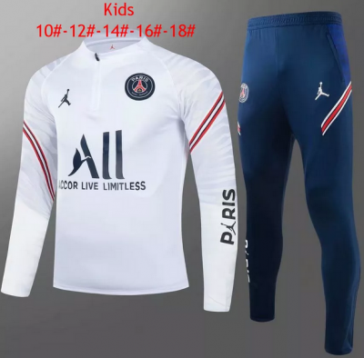 Kids 2021-22 PSG x Jordan White Sweatshirt and Pants Youth Training Suits
