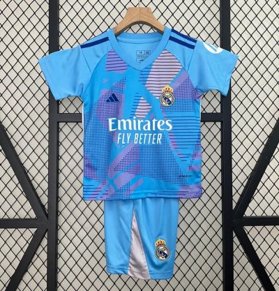 2024-25 Real Madrid Goalkeeper Blue Kids Soccer Kits Shirt With Shorts