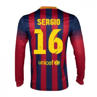 13-14 Barcelona #16 Sergio Home Long Sleeve Soccer Jersey Shirt