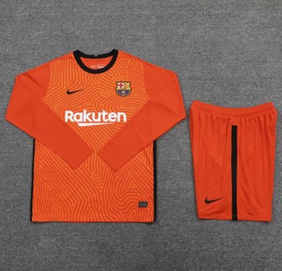 2020-21 Barcelona Long Sleeve Orange Goalkeeper Soccer Jersey Kits (Shirt+Shorts)