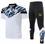 2020-21 Manchester City White Flower Polo Kits Shirt + Pants