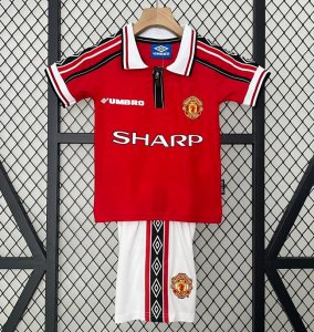 1998-99 Manchester United Retro Kids Home Soccer Kits Shirt With Shorts