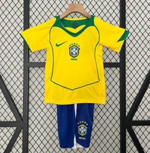 2004 Brazil Retro Kids Home Soccer Kit Shirt With Shorts