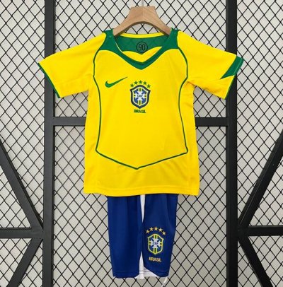 2004 Brazil Retro Kids Home Soccer Kit Shirt With Shorts