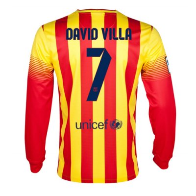 13-14 Barcelona #7 David Villa Away Long Sleeve Soccer Jersey Shirt