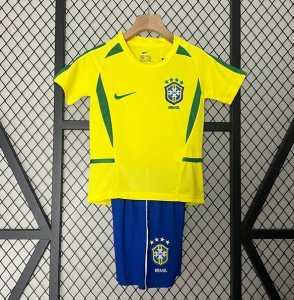 2002 Brazil Retro Kids Home Soccer Kit Shirt With Shorts