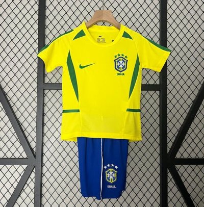 2002 Brazil Retro Kids Home Soccer Kit Shirt With Shorts