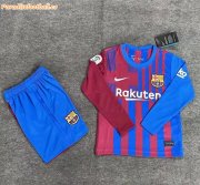 Kids Barcelona 2021-22 Long Sleeve Home Soccer Kits Shirt With Shorts