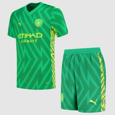 2023-24 Manchester City Kids Green Goalkeeper Soccer Kits Shirt With Shorts