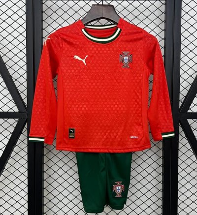 2025-26 Portugal Kids Home Long Sleeve Soccer Kits Shirt With Shorts