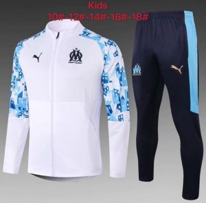 Kids 2020-21 Olympique Marseille White Blue Jacket Training Suits with Pants