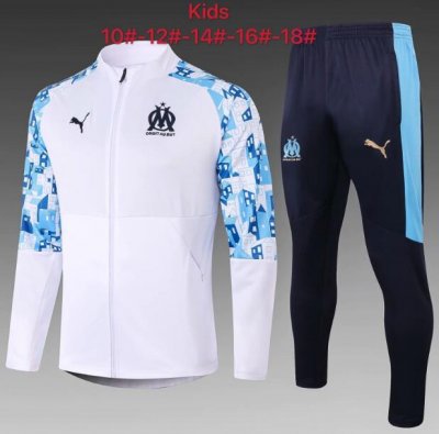 Kids 2020-21 Olympique Marseille White Blue Jacket Training Suits with Pants