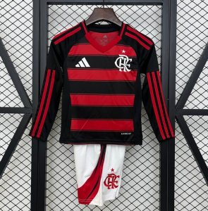 2025-26 Flamengo Kids Home Long Sleeve Soccer Kits Shirt With Shorts