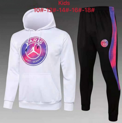 Kids 2021-22 PSG x Jordan White Hoodie Sweatshirt and Pants Youth Training Suits