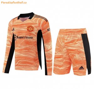 2021-22 Manchester United Orange Long Sleeve Goalkeeper Soccer Kits Shirt with Shorts