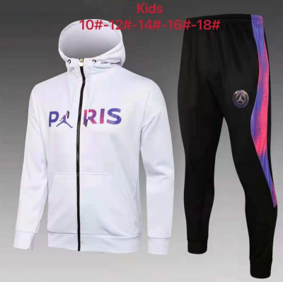 Kids 2021-22 PSG x Jordan White Hoodie Jacket and Pants Youth Training Suits