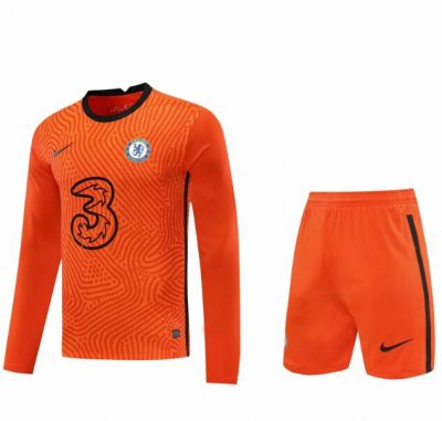 2020-21 Chelsea Long Sleeve Goalkeeper Orange Soccer Jersey Kits (Shirt+Shorts)
