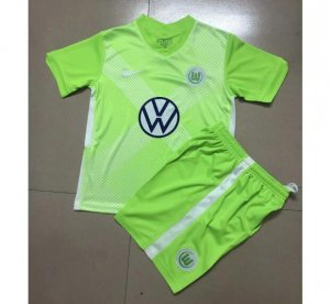 2020-21 Wolfsburg Kids Home Green Soccer Kits Shirt With Shorts