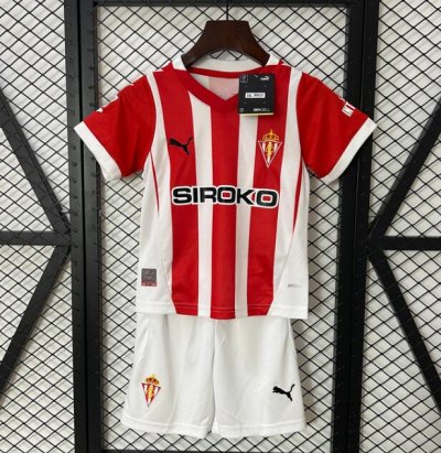 2024-25 Sporting Gijon Kids Home Soccer Kits Shirt With Shorts
