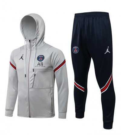 2021-22 PSG x Jordan Light Gray Training Kits Hoodie Jacket with Pants