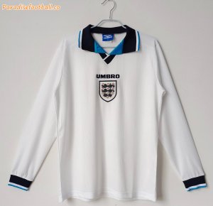 1996 England Retro Long Sleeve Home Soccer Jersey Shirt