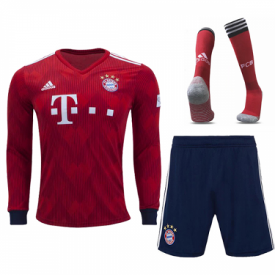 2018-19 Bayern Munich Home Long Sleeve Soccer Jersey Whole Kit (Shirt + Shorts + Socks)