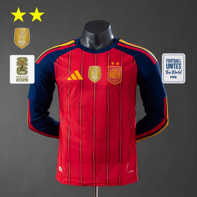 2-Stars 2026 FIFA World Cup Spain Home Long Sleeve Soccer Jersey Shirt Authentic Version