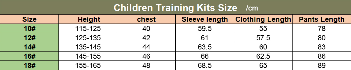 kids Training Kits Size Chart